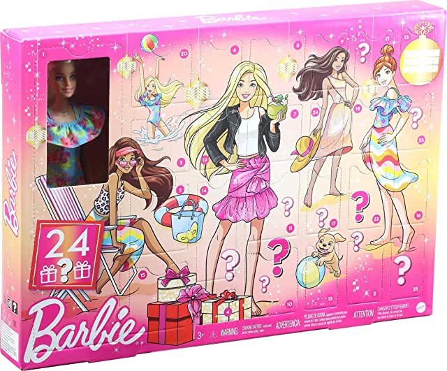 Barbie Advent Calendar with Barbie Doll (12-in), 24 Surprises Including Day-to-Night Trendy Clothing & Accessories, Festive Holiday Themed Packaging for Kids (33.99)