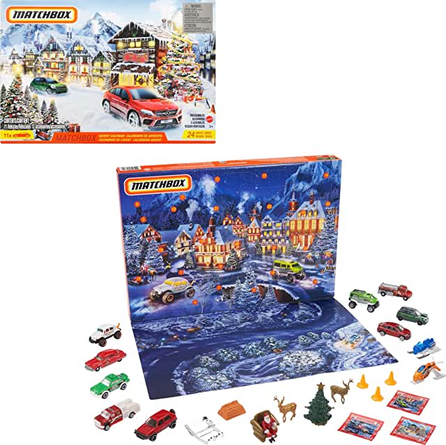 Matchbox Advent Calendar with 24 Surprises that Include 11 1:64 Scale Cars with Authentic & Holiday-Themed Decos & Accessories (19.99)