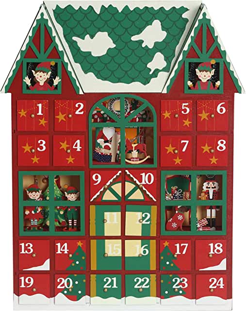 PIONEER-EFFORT Large Christmas Wooden Advent Calendar House 2021 with Drawers to Fill Small Gifts Countdown to Christmas Decoration, red (59.99)