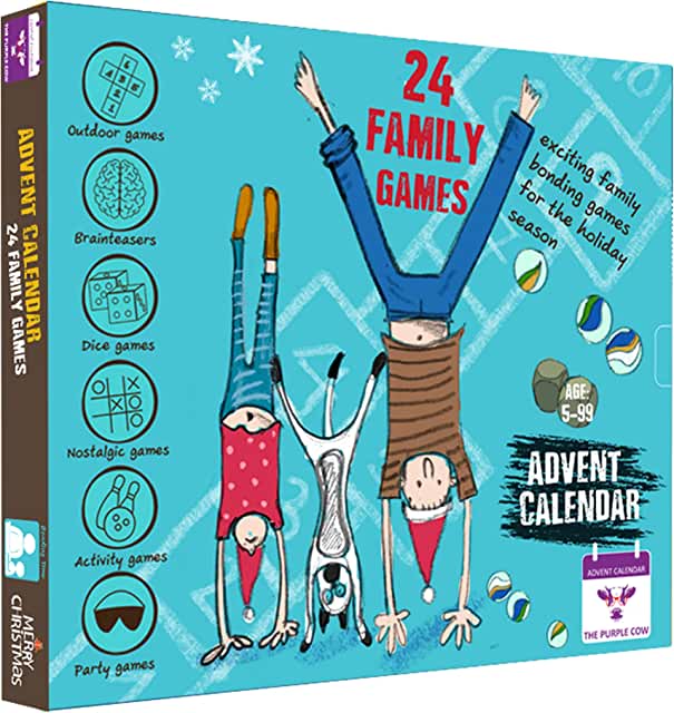 NEW 2022 Advent Calendar FAMILY GAMES by The Purple Cow. 24 OF THE BEST EVER FAMILY GAMES IN ONE BOX – put the screen aside and enjoy hours and hours of FUN. Comes with a step-by-step picture guide. For kids aged 6 and above. The perfect family bonding experience (29.95)