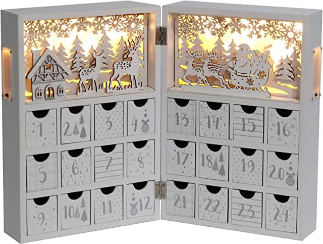 PIONEER-EFFORT Christmas Wooden Advent Calendar Book with LEDs White & Gold Christmas Reindeer Countdown Holiday Gifts with 24 Drawers Adults Kids Home Decoration (White&Gold,with light) (Regularly 79.99, on sale 54.99)