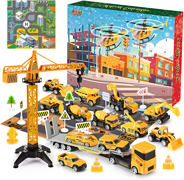 Kids Advent Calendar 2022 for Boys: Alloy Construction Engineering Vehicle Toy Sets Plus 2 Mats (31.99)
