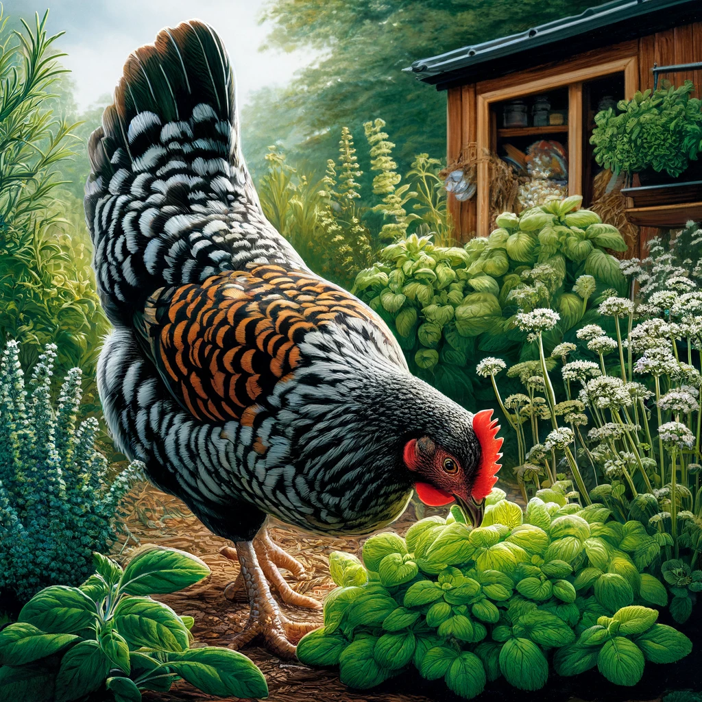 hen eating oregano