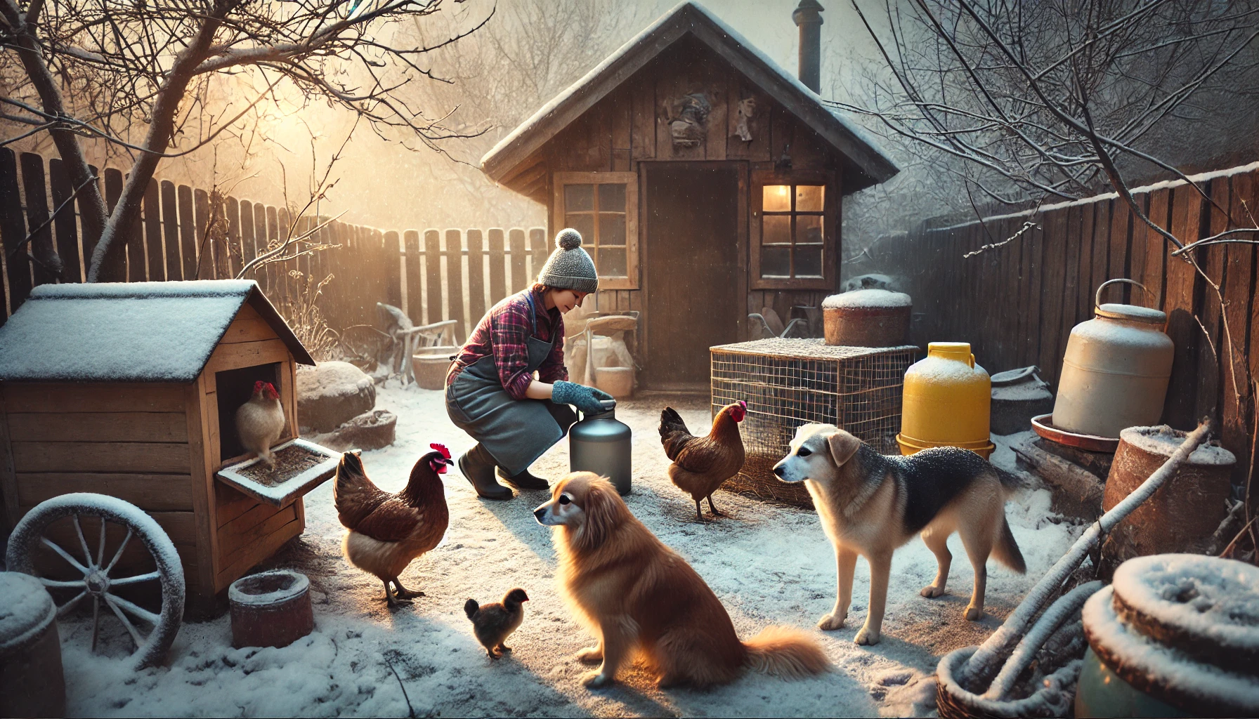 woman in yard with chickens and dogs in the snow