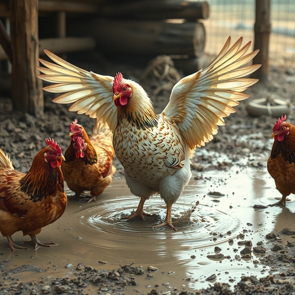 hen flapping wings and spraying mud